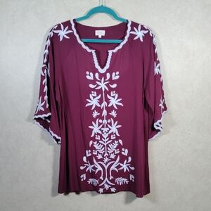 10582 Layerz maroon & white embroidered v-neck 3/4 sleeve blouse XL